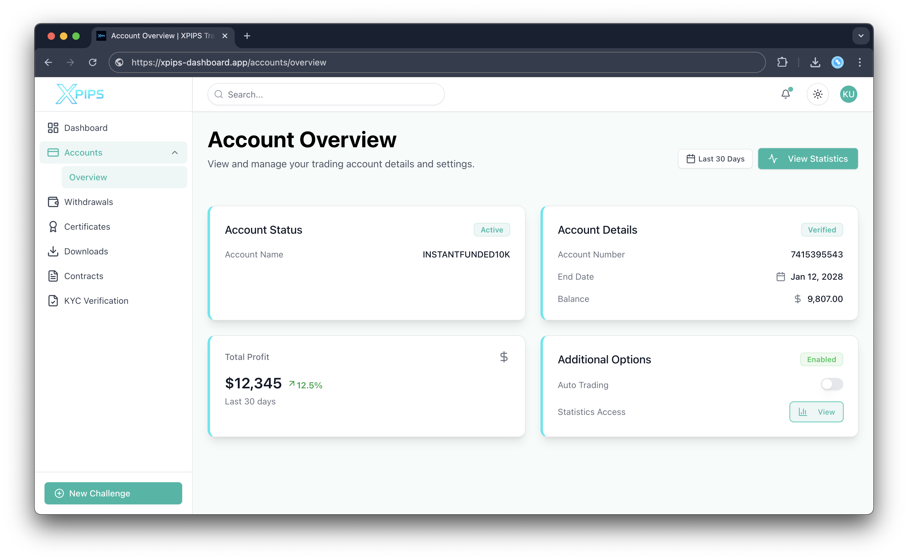 XPIPS Trading Dashboard Interface